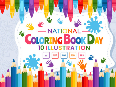 10 National Coloring Book Day Illustration