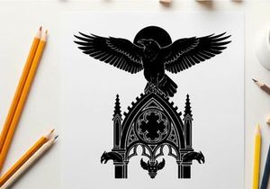 Silhouette of an eagle atop a gothic church with a cross and moon