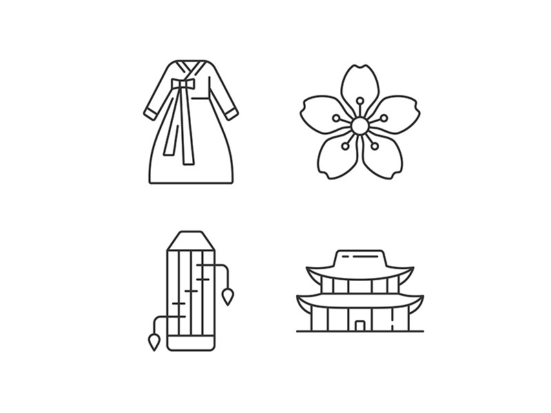 Korean ethnic symbols linear icons set