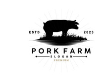 Pig Logo, Grilled Pork Pig Simple Rustic Stamp, Livestock Cattle Vector