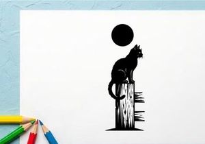 Silhouette of a cat sitting on a wooden post under a full moon