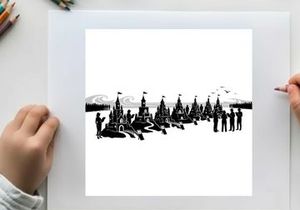 Silhouette of people and snowmobiles in a winter landscape