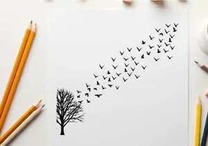 Silhouette of birds flying from tree on white and yellow background silhouette