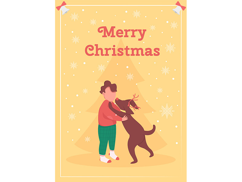 Boy celebrate Christmas greeting card flat vector template