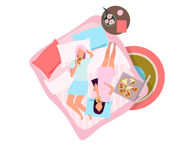 Girlfriends eating pizza flat vector illustration