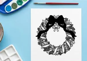 Ilustración de corona navideña dibujada a mano con lazo rojo y ramas de pino festivas