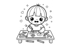 Cute child drawing with crayons vector illustration flat design