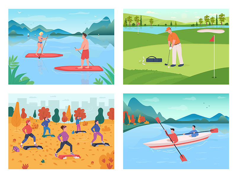 Outdoor sport flat color vector illustration set