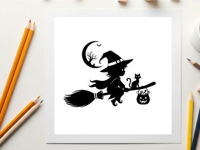 Silhouette of a witch flying on a broomstick with cat and jack o lantern