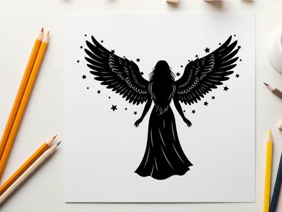 Silhouette of a winged angel with stars