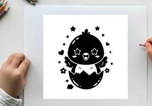 Kawaii silhouette of a chick hatching from an egg with stars and hearts