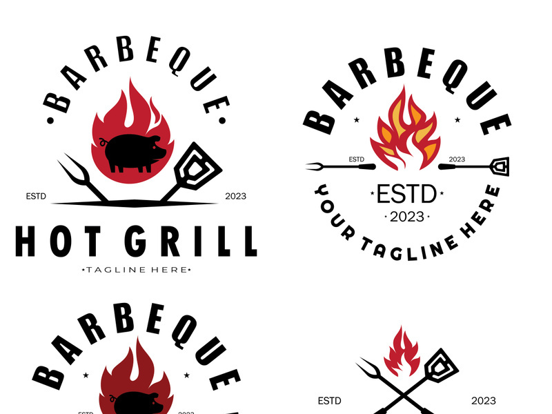 Smoke and BBQ Barbecue Vintage hot grill, with crossed flames and spatula. Logo for restaurant, badge, cafe and bar.vector