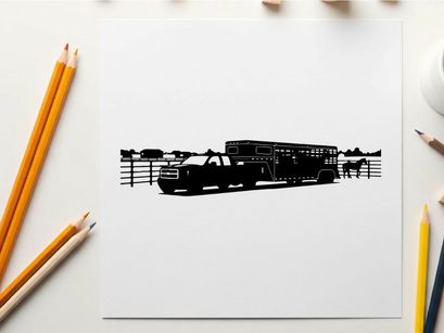 Silhouette of a horse trailer and horses in a rural setting