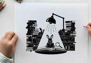Rabbit silhouette studying under a desk lamp at night