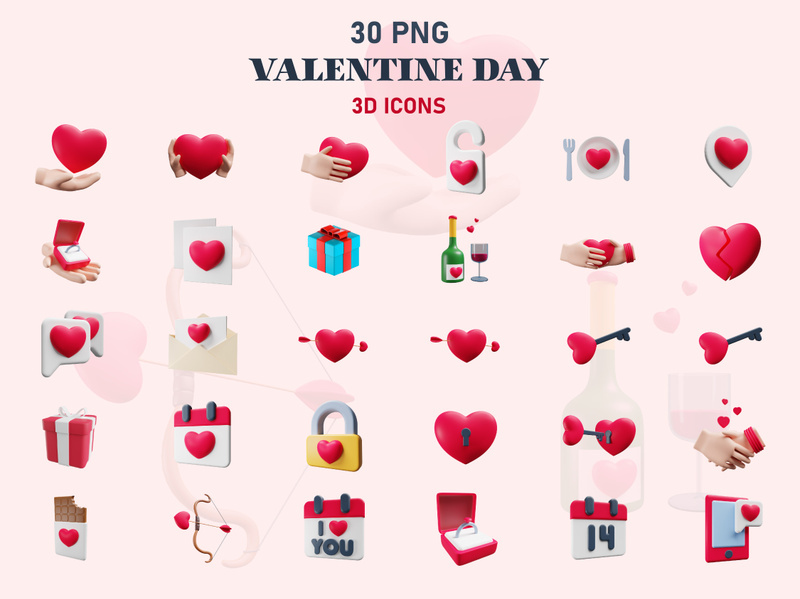 3D Icons Set Valentine elements, render