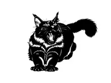 A silhouette of an aggressive black cat with mouth open and tail raised