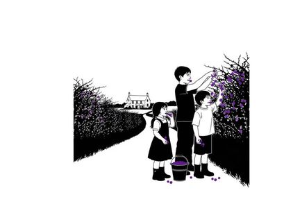 Children on a path with silhouette of boy picking flowers