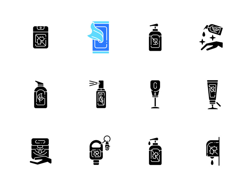 Sanitizer types black glyph icons set on white space