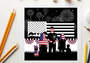 Patriotic family silhouette watching fireworks on american independence day