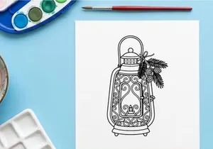 Ilustrasi seni garis lentera Natal dengan cabang dan kerucut pinus untuk desain hari raya