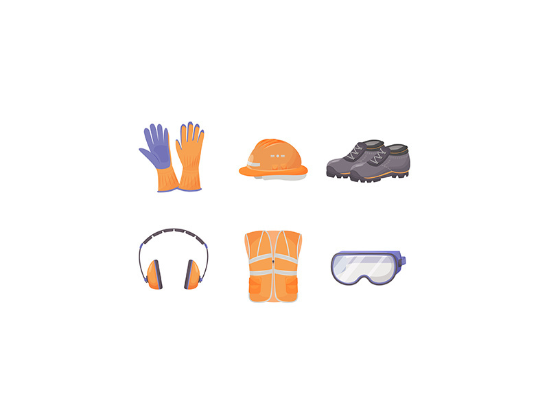 Industrial protective equipment flat color vector objects set