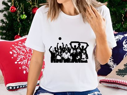 Black and white illustration of a cheering sports team with raised arms