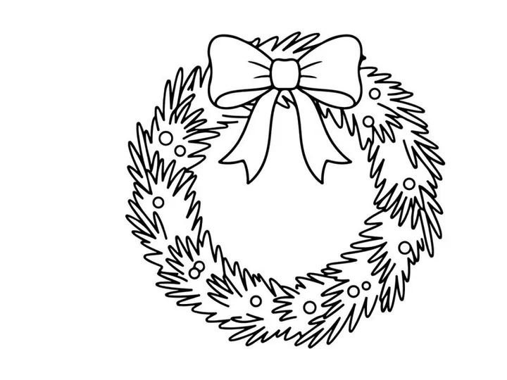 Ilustración de arte lineal de corona navideña con moño decorativo para proyectos de diseño festivo.