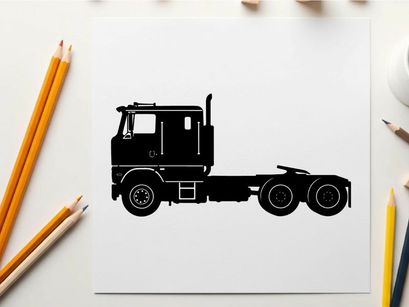 Silhouette of a semi truck tractor unit with cabin and wheels