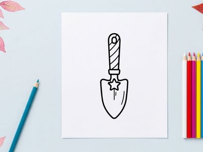 Garden trowel line art icon. Hand drawn shovel tool for gardening and planting tasks.