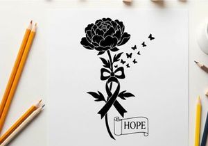 Silhouette of a flower with ribbon and butterflies symbolizing hope