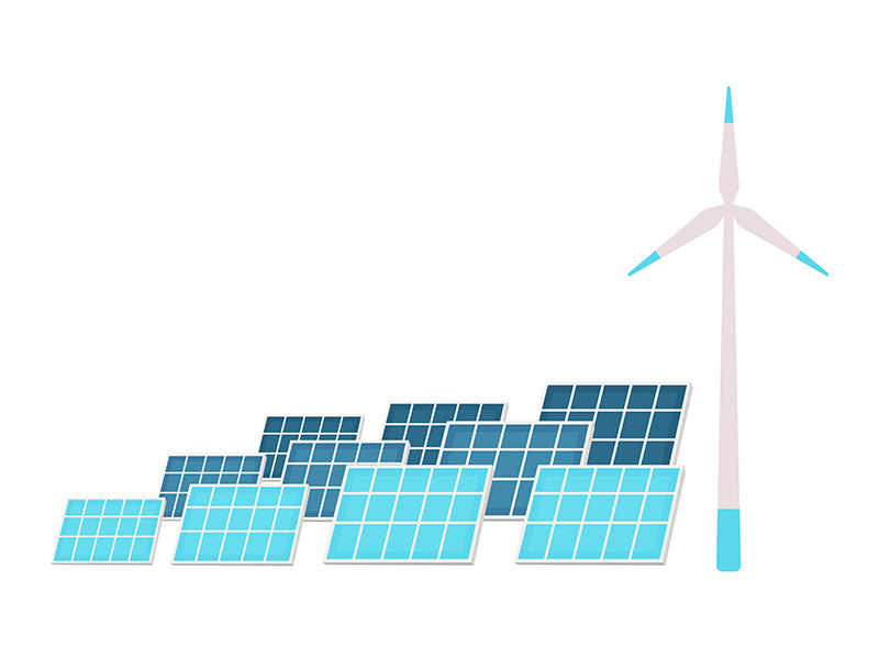 Solar panels and wind turbine flat color vector objects set