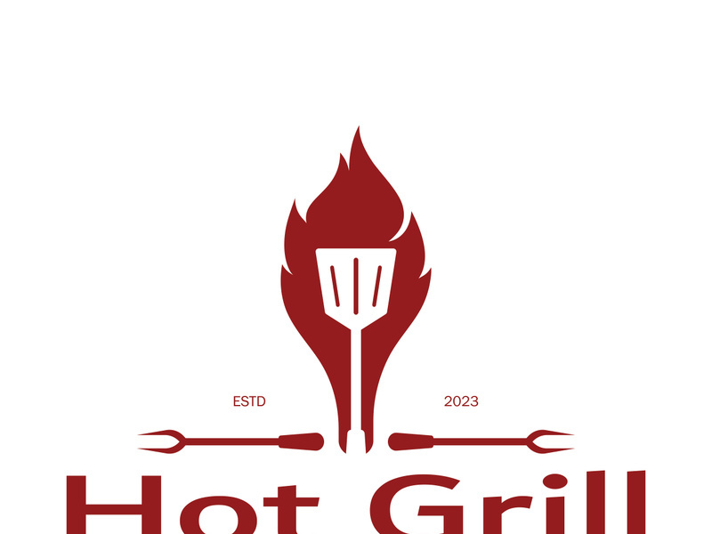 Simple Barbecue Vintage hot grill, with crossed flames and spatula. Logo for restaurant, badge, cafe and bar.vector