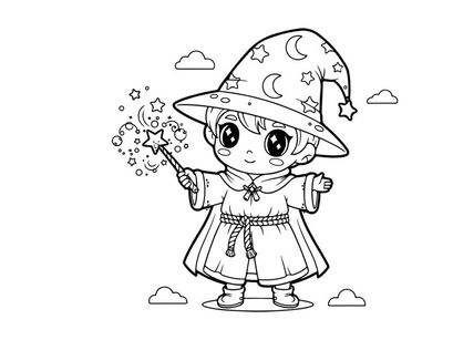 Cute girl wizard casting magic stars vector illustration