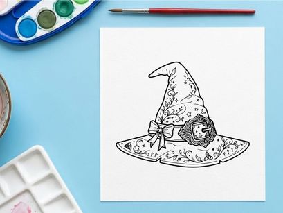 Topi ahli sihir dengan siluet kucing untuk desain Halloween. Ilustrasi bergaya vintage aksesoris magis dan garis luar kucing hitam.