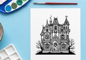 Haunted Victorian mansion illustration for Halloween design. Spooky gothic house with towers and eerie atmosphere in black and white line art.