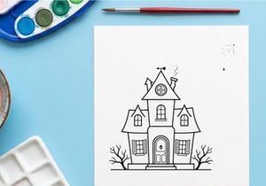 Ilustração de casa assombrada com arquitetura gótica sinistra. Gráfico vetorial clássico de Halloween com mansão sinistra e árvores desfolhadas.