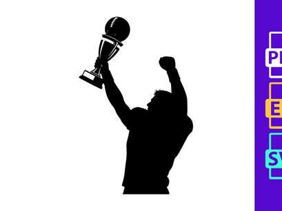 A triumphant silhouette of a person holding a trophy aloft in victory and celebration