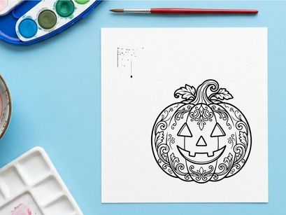 Halloween pumpkin coloring page. Decorative jack-o-lantern line art for kids and adults.