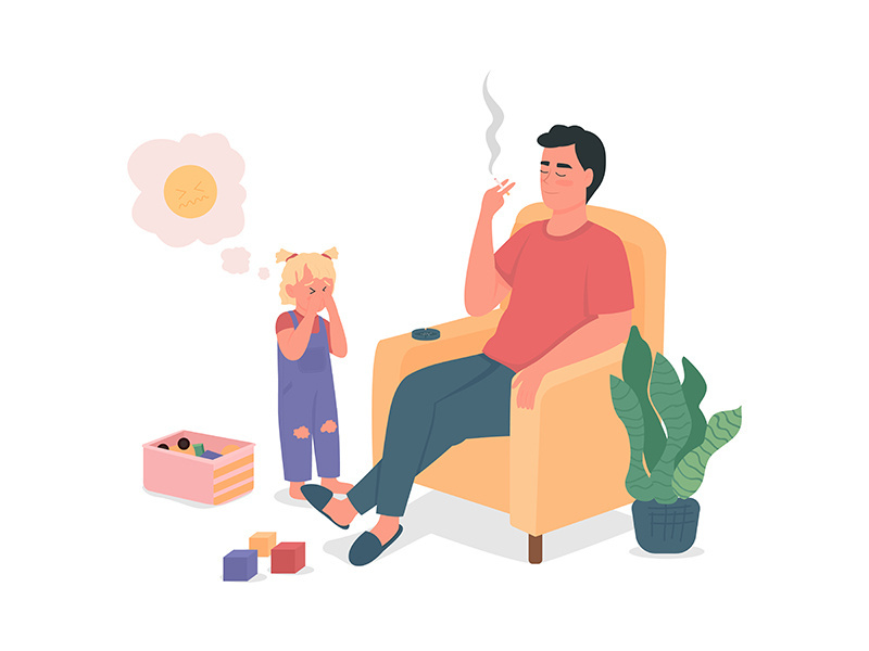 Smoking father with sad child flat color vector detailed characters