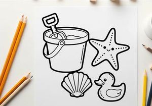 Kids beach bucket starfish duck vector illustration