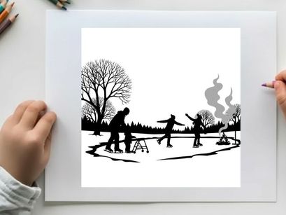 Winter scene silhouette of people ice skating and having fun outdoors