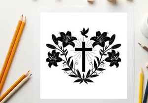 Christian symbolism cross lilies and dove silhouette