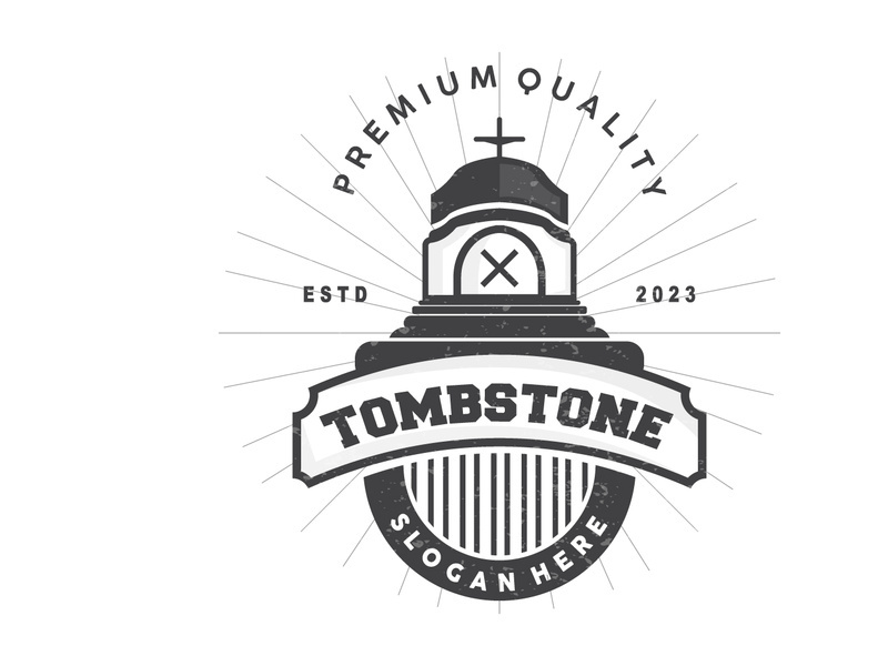 Tombstone Logo, Tomb Cemetery Cross, Vector Vintage Label, Retro Badge, Inspirational Design
