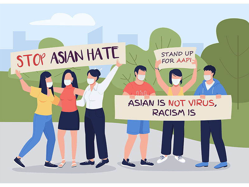 Stop asian hate flat color vector illustration