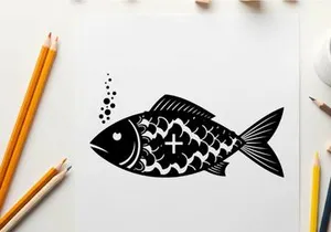 Black silhouette fish with cross on side swimming left