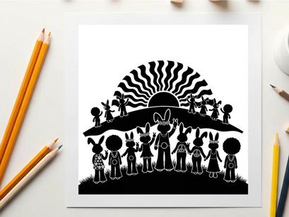 Silhouette of rabbits and children at sunset with wavy rays silhouette