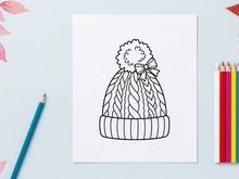 Christmas winter beanie hat coloring page for kids and adults with cable knit pattern