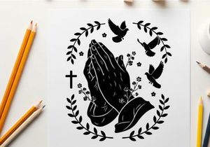 Praying hands silhouette with cross and doves