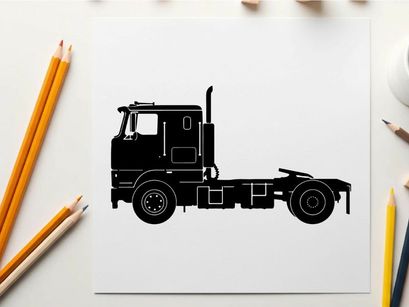 Silhouette of a semi truck without trailer on white background