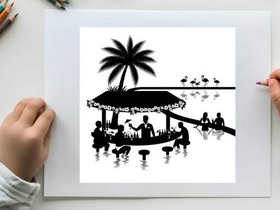 Silhouette of people on a boat under a palm tree